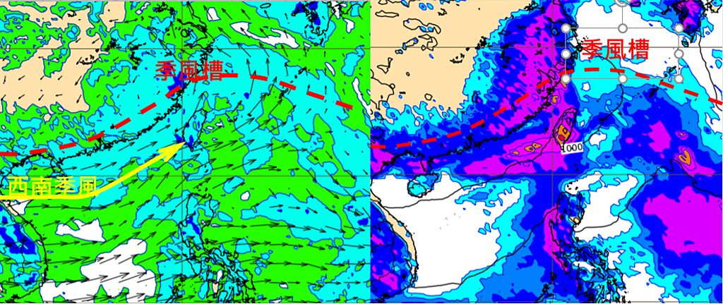 最新歐洲(ECMWF)模式，模擬1日20時850百帕風場圖(左圖)顯示，季風槽調整至台灣附近，西南季風吹向台灣。模擬同時的地面氣壓及累積雨量圖(右圖)顯示，台灣有大量降雨。(翻攝自「三立準氣象· 老大洩天機」)

