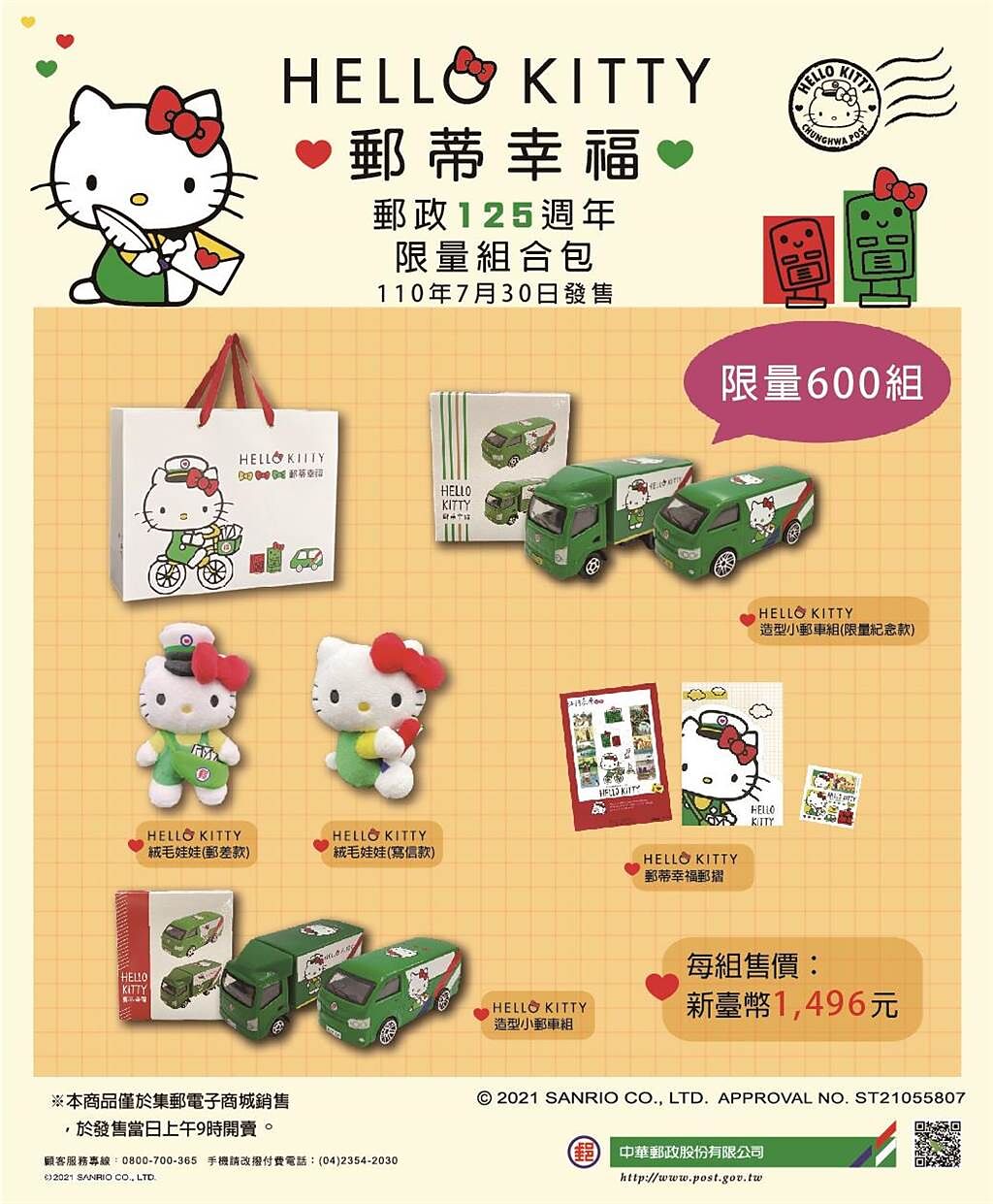 中華郵政與三麗鷗3度合作推出HELLO KITTY聯名商品，7月30日上午正式上架。（中華郵政提供／陳祐誠傳真）