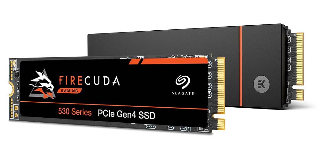 FireCuda 530 SSD 傳輸速度最快可達 PCIe Gen3 SSD 的 2 倍、SATA SSD 的 12 倍（後為散熱器版本）。（Seagate 提供／黃慧雯台北傳真）