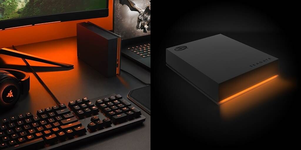 FireCuda Gaming Hub（左）具備自訂燈光功能，並能與 Razer Chroma 的 RGB 相容；兼具效能與便利性的 FireCuda Gaming Hard Drive（右）。（Seagate 提供／黃慧雯台北傳真）
