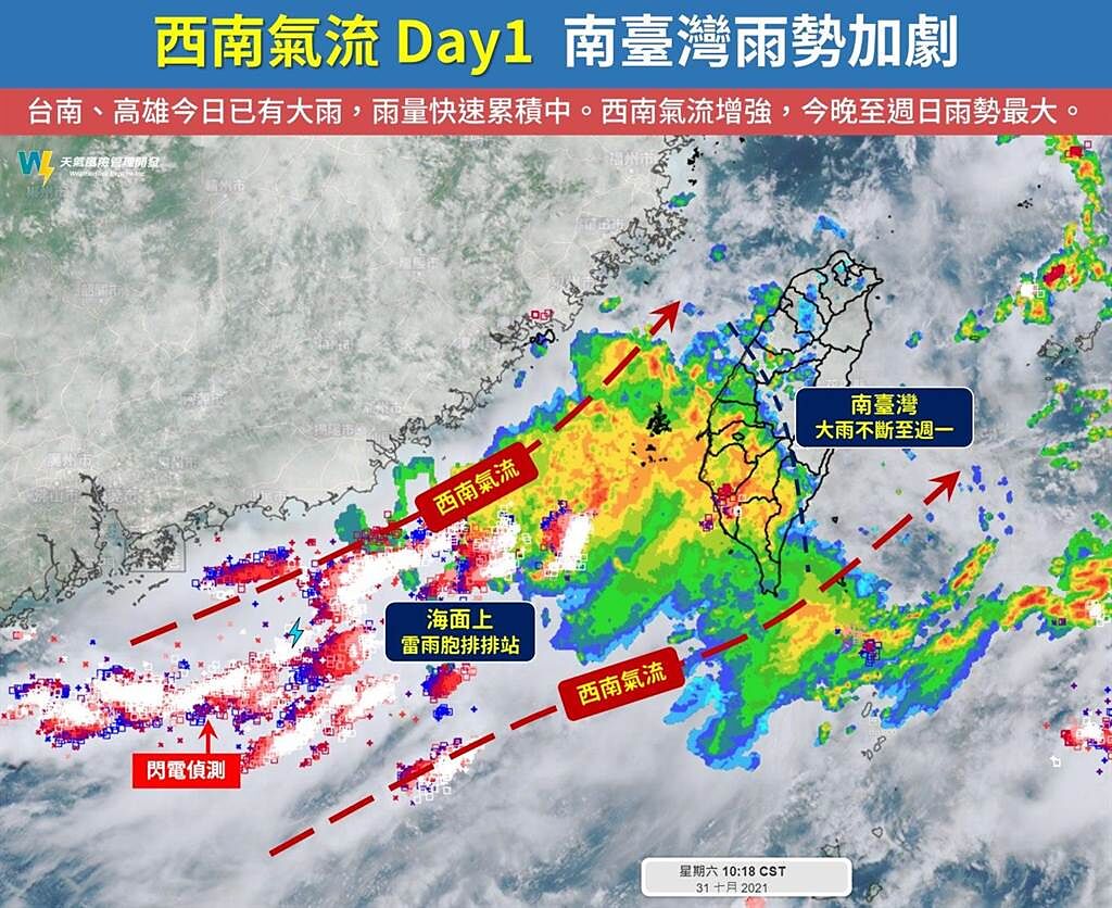 雷雨胞源源不絕，透過西南氣流直輸台灣。（翻攝天氣風險臉書）
