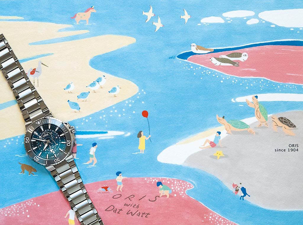 ORIS攜手插畫家陳又凌以童趣插畫詮釋瓦登海潮間帶的護育計畫，並搭配瓦登海聯名潛水表，7萬7000元。（ORIS提供）