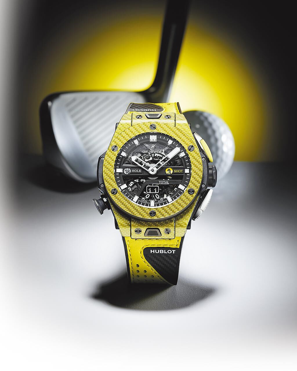 宇舶表與達斯汀強生攜手推薦Big Bang Unico Golf高爾夫腕表，極速黃款101萬1000元。（HUBLOT提供）