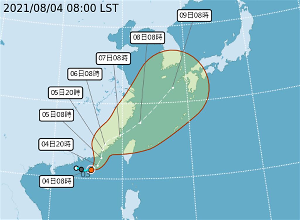 第9號颱風盧碧生成，目前預測會先往北登陸福建，再轉東北沿著大陸沿海走。(翻攝自氣象局)