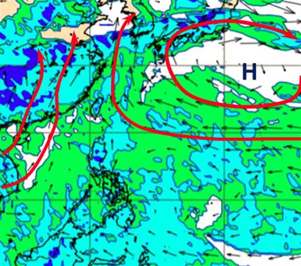 最新歐洲模式模擬，下周五(13日)20時850百帕風場圖顯示，太平洋高壓增強西伸，西南季風型態終於改變。(翻攝自「三立準氣象· 老大洩天機」)