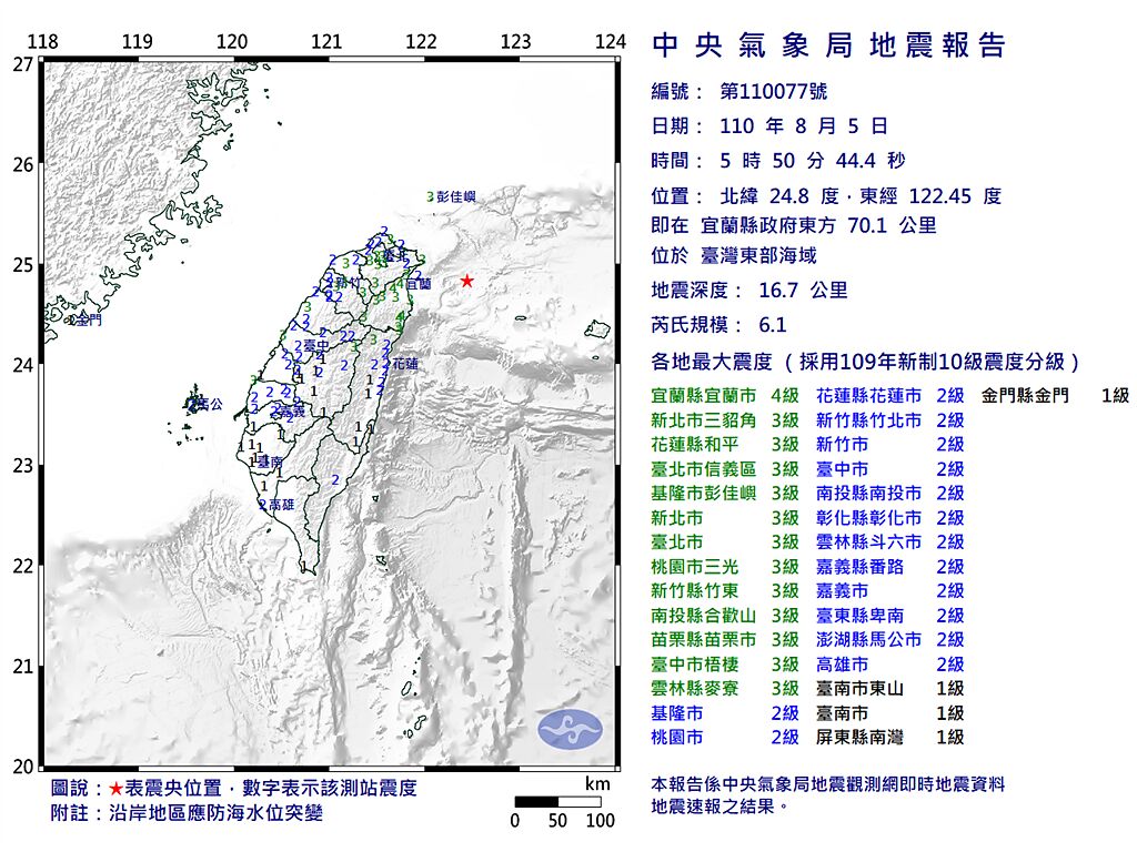 台灣東部海域早上5點50分發生規模6.1地震，，氣象局提醒，未來兩周恐有規模5餘震。(翻攝自氣象局)
