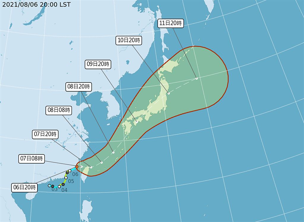 熱帶性低氣壓（原盧碧）未來預計會緩慢往東方移動，通過台灣海峽至台灣北部途中，西南氣流將替全台帶來顯著降雨。(氣象局提供)