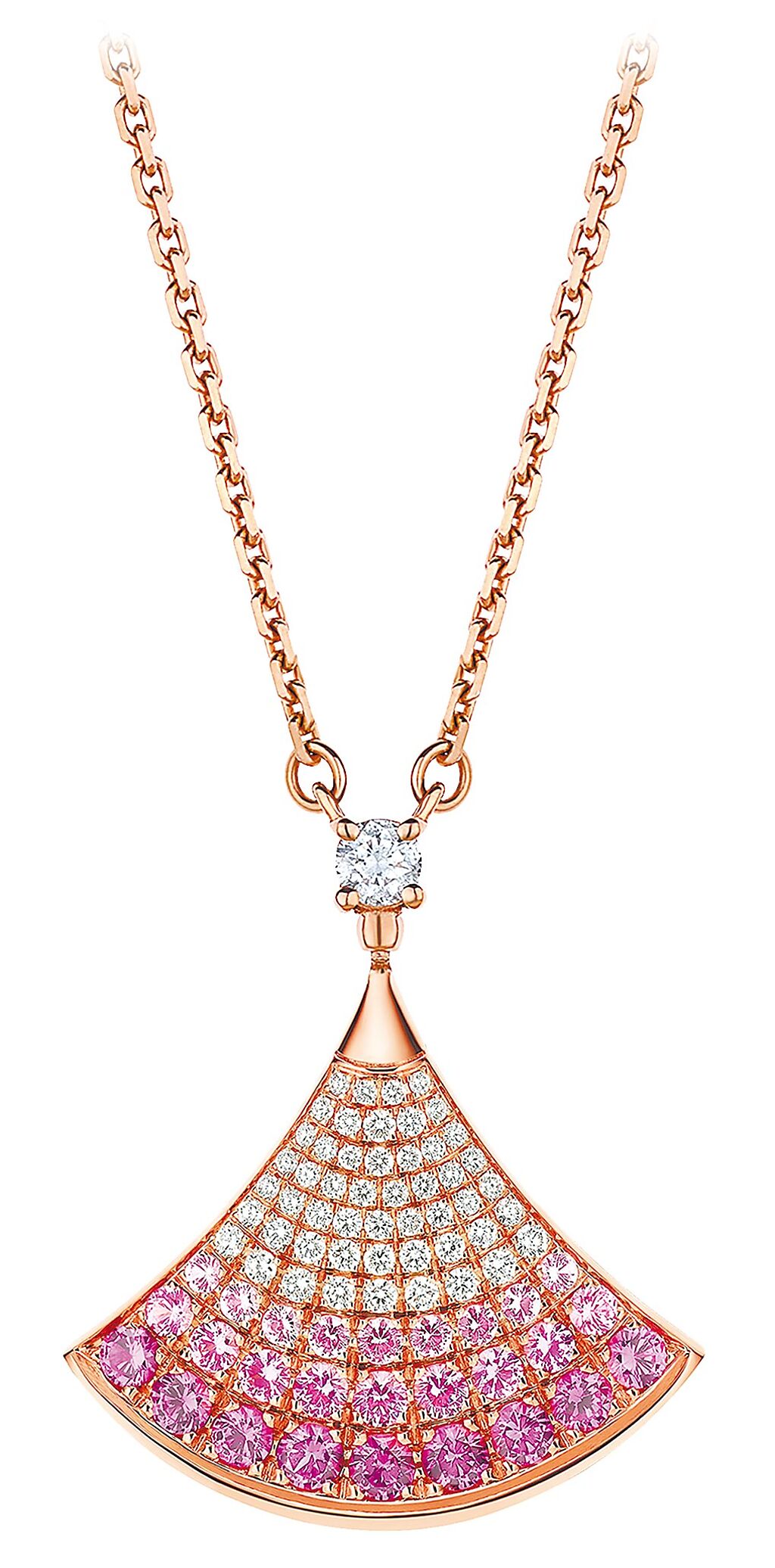 寶格麗七夕情人節限量Divas' Dream系列鑽石與粉紅剛玉項鍊，14萬3600元。（寶格麗提供）