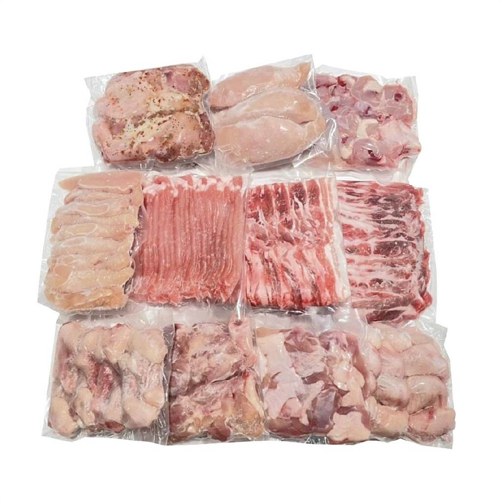 樂天市場上裕毛屋生鮮超市的台灣履歷豬雞肉箱，原價1693元，特價1599元。（樂天市場提供）