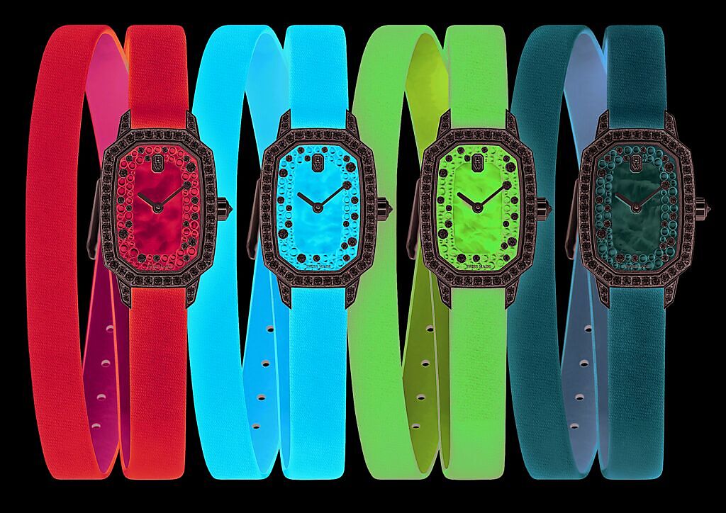 海瑞溫斯頓今年新款Emerald印記系列腕表，尺寸僅18mm，色彩妍麗充滿女人味。（HARRY WINSTON提供）