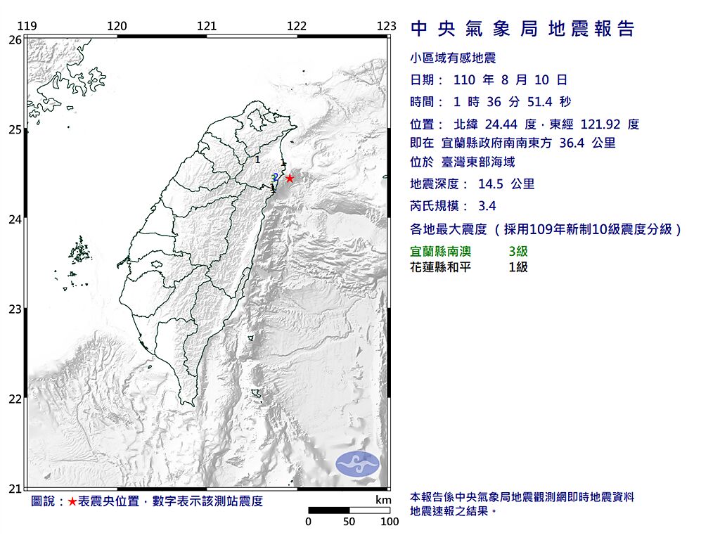 第一震是發生在上午01時36分台灣東部海域，規模3.4，宜蘭最大震度3級。(翻攝自氣象局)