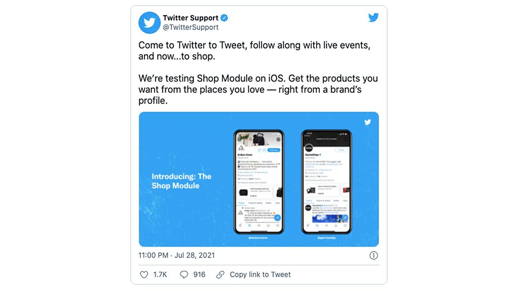 Teitter 於 7 月 28 日上午，正式宣告啟動「Twitter Shopping」的試點計劃。（圖片來源：Twitter）
