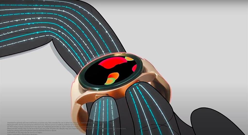 三星全新的Galaxy Watch4 Classic及Galaxy Watch4智慧手表，只要透過手腕或2隻手指，就能像體脂器的概念，在15秒內即可取得2400數據點，達到98%準確度去測量各種數值。（翻攝直播畫面）