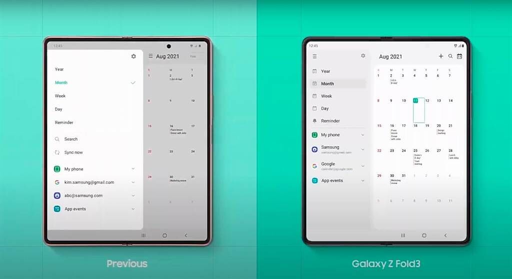 三星全新的Galaxy Z Fold3 5G優化了APP的介面，像可自定的可調式功能選單等功能，還有提供更直覺化的多工操作功能，以及更便利於工作的進階功能開啟多工畫面設定，能夠以上下或左右來觀看不同視窗。（翻攝直播畫面）