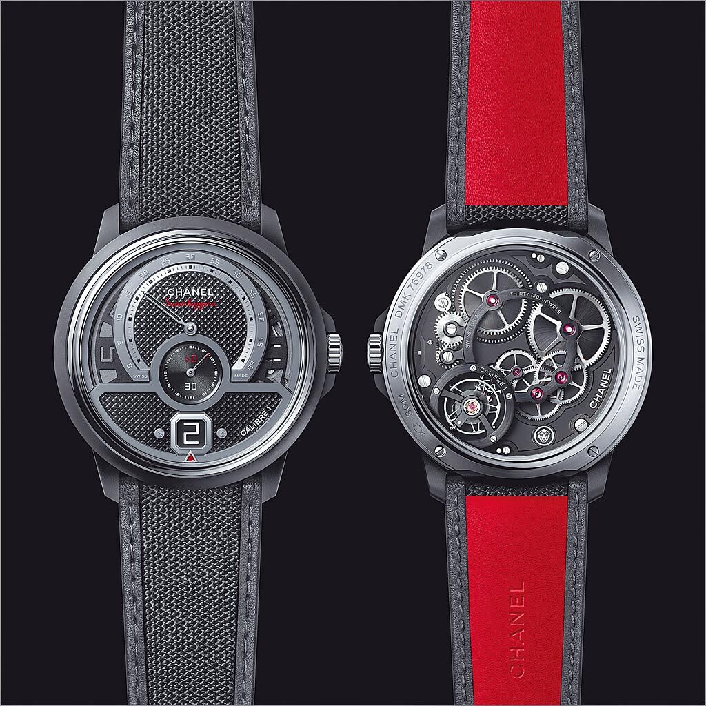 香奈兒新款Monsieur Superleggera腕表，表帶內襯是豔紅色，充滿賽車運動的熱血沸騰，121萬5000元。（CHANEL提供）