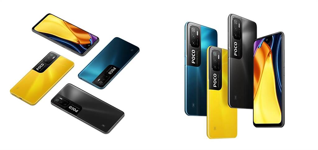 POCO M3 Pro 5G提供活力黃、動力黑、冷酷藍三種顏色。（POCO提供／黃慧雯台北傳真）
