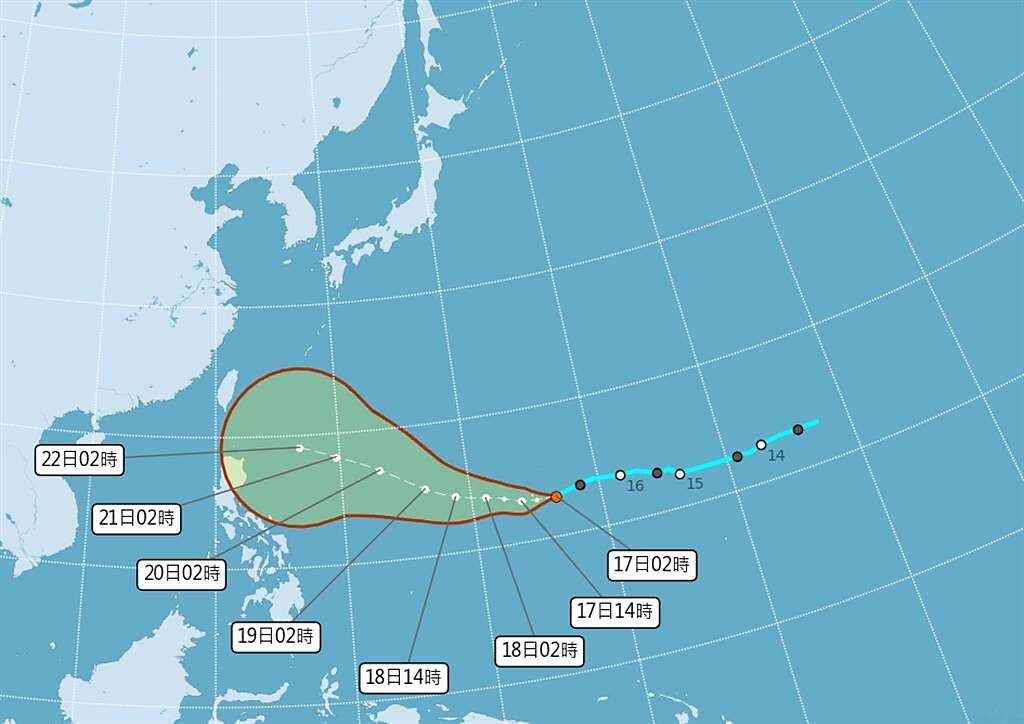 預估颱風生成後持續朝西走，最接近台灣的時間點落在周五、周六。（中央氣象局提供）