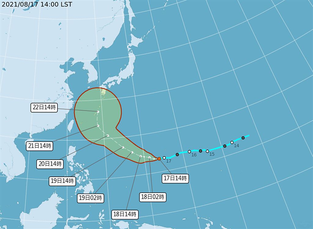 中央氣象局表示，台灣東方海面的熱帶性低氣壓，目前仍維持熱帶低壓的強度，預估周五、周六路徑會開始偏北。(圖/氣象局)