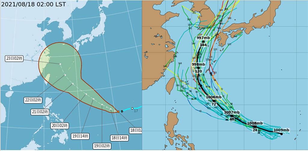 「中央氣象局」路徑預報顯示(左圖)，熱帶低壓剛通過關島，預測向西北西轉西北，將在琉球附近迴轉。最新美國(GEFS)模式模擬(右圖)，結果也類似，其中有部分路徑靠近東北部海域。 (左/翻攝自氣象局、右圖翻攝自tropical tidbits)

