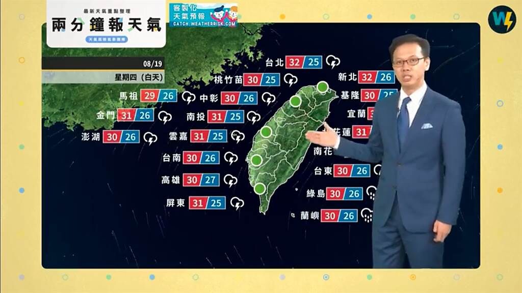 播謝翔宇表示，今晚起到明天受鋒面影響，各地天氣轉不穩定，北海岸有短暫陣雨。(摘自天氣風險)