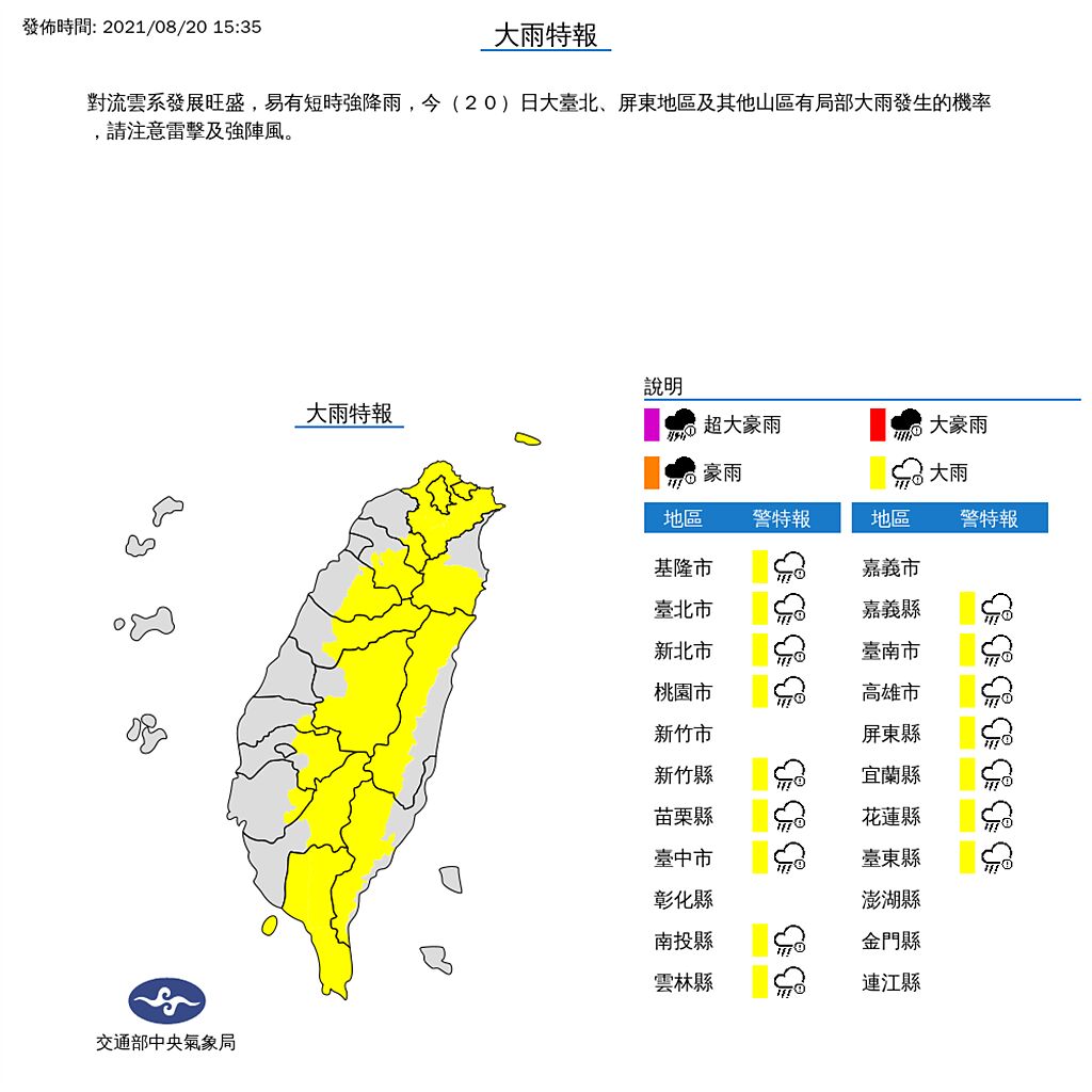 氣象局今（20）日發布16縣市大雨特報，大台北、屏東地區及各地山區有局部大雨發生的機率。(氣象局提供)