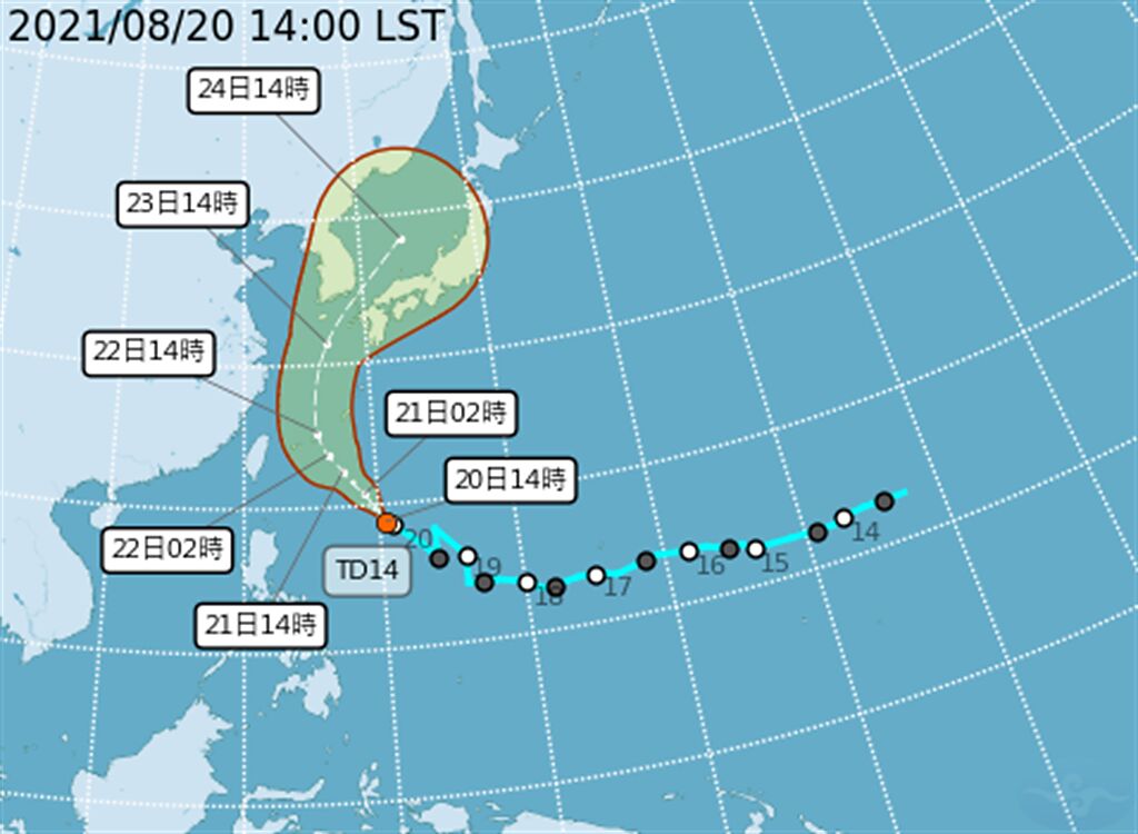 熱帶性低氣壓TD14，氣象局預估將在週末通過台灣東側海面。(氣象局提供)