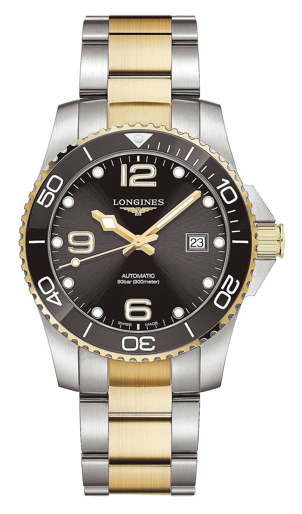 浪琴表HydroConquest深海征服者系列不鏽鋼金色PVD黑色面盤腕表，5萬8800元。（Longines提供）