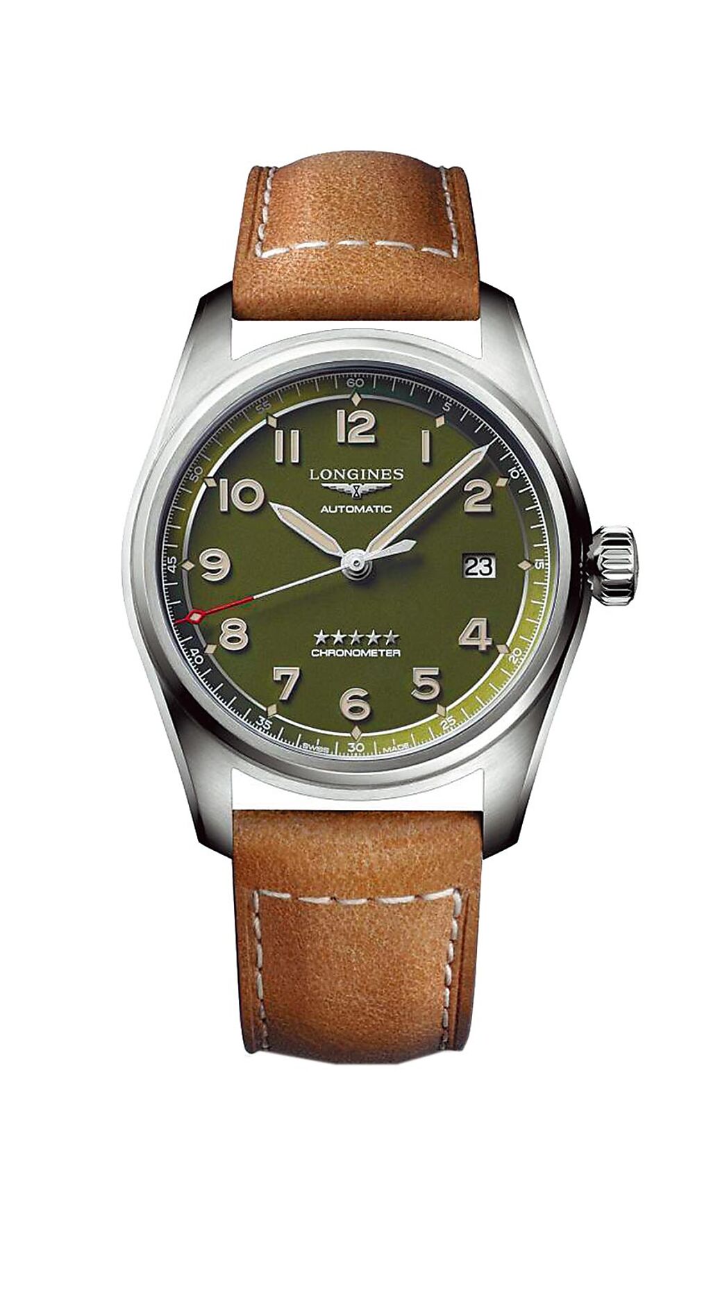 浪琴表Spirit先行者系列推出綠色面盤腕表，廣受歡迎，6萬9200元。（Longines提供）