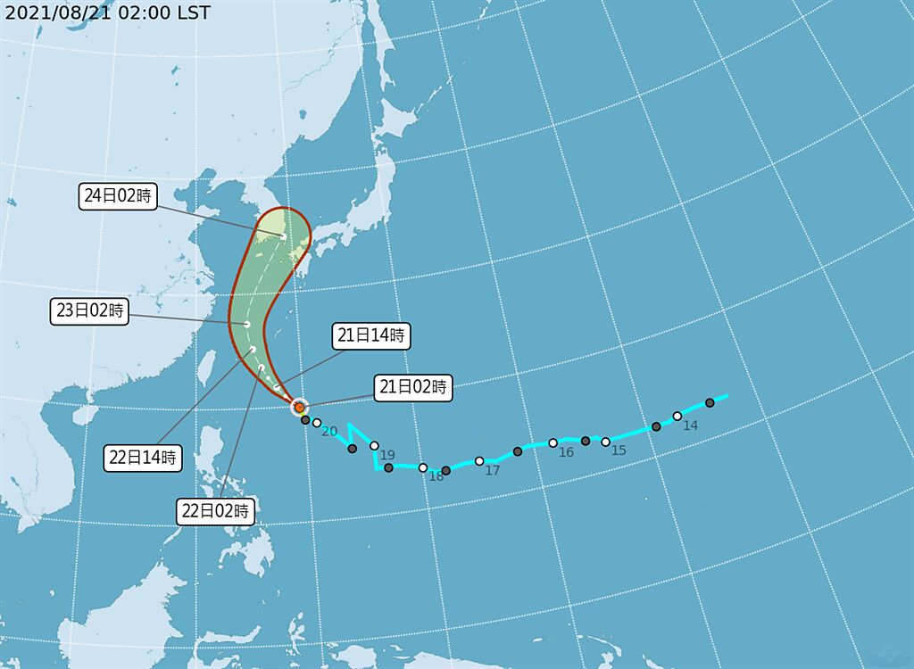 中央氣象局指出，颱風「奧麥斯」今晨２時距離鵝鑾鼻東南東方約９５０公里，未來將以西北的方向朝琉球附近海面前進，預計明天從琉球附近海面通過後將轉往日韓方向移動，目前資料顯示直接影響台灣的機率低。（翻攝自中央氣象局／林良齊台北傳真）