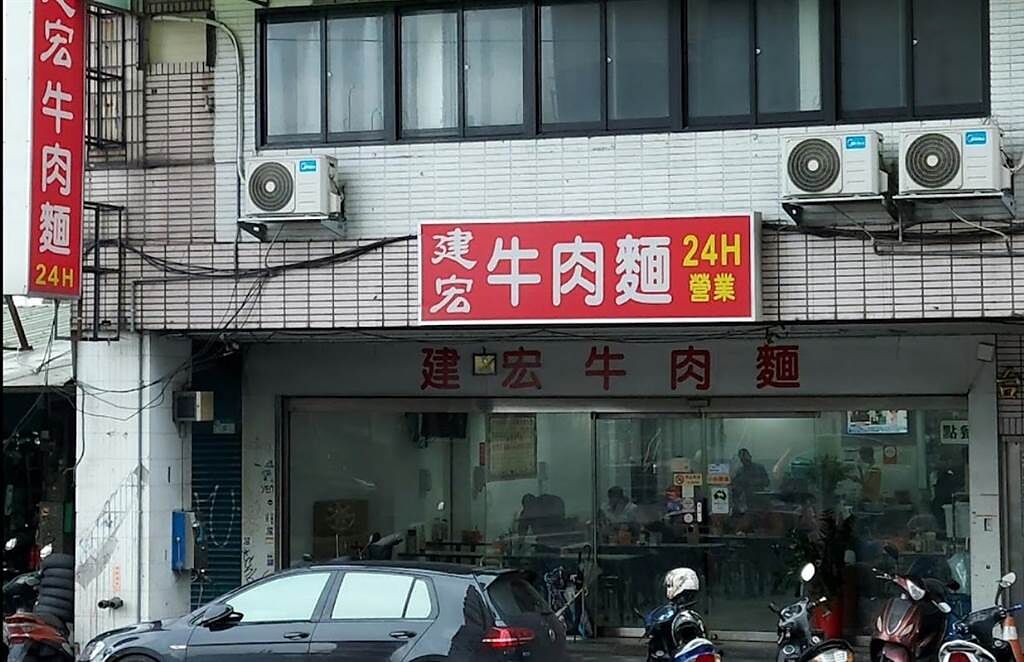 在台北市萬華區的建宏牛肉麵，以24小時營業、平價高CP值牛肉麵而聞名。（摘自google map）