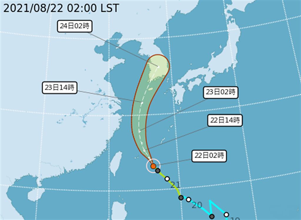 奧麥斯在鵝鑾鼻東北東方600公里的海面上，今天最靠近台灣，並以每小時24公里速度，向北北西進行。(翻攝自氣象局)
