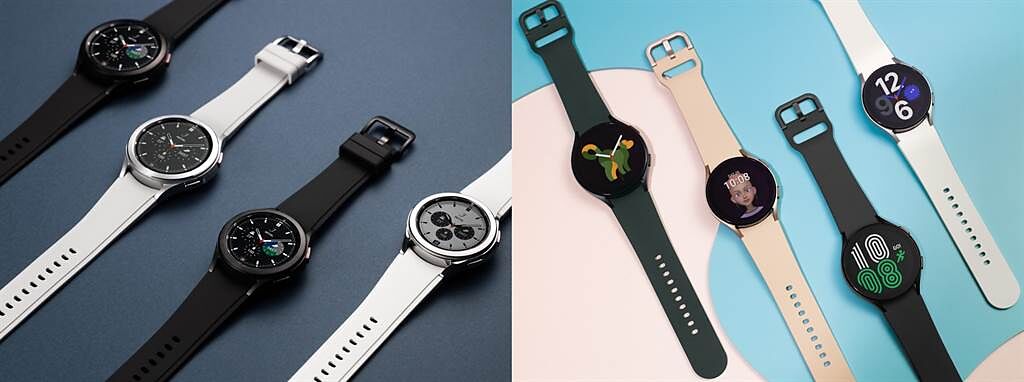 Galaxy Watch4 Classic搭載實體旋轉錶圈，兩種尺寸皆有「幻影黑」、「鈦灰銀」可供選擇；Galaxy Watch4具備時尚外觀設計，推出兩種尺寸選擇。（三星提供／黃慧雯台北傳真）