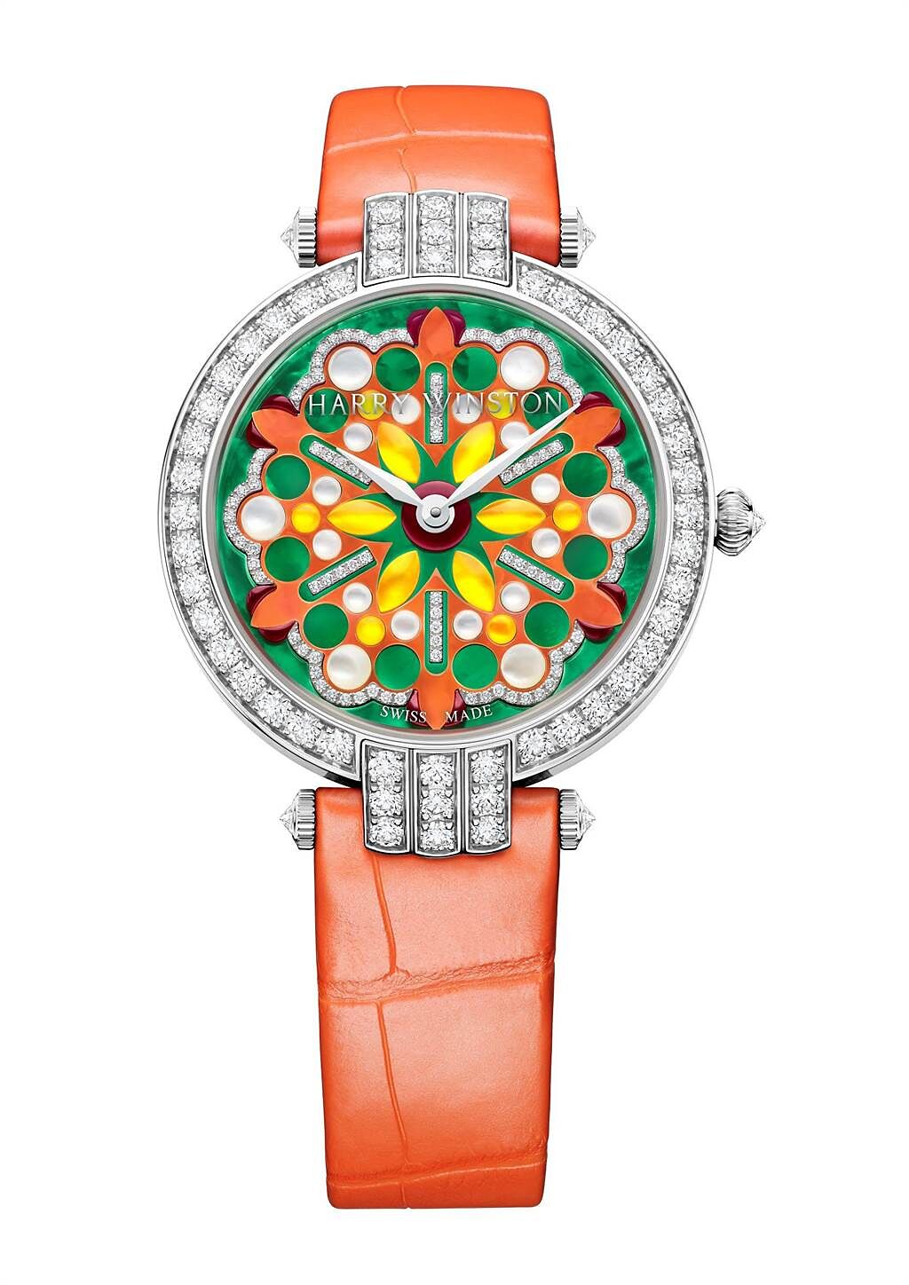 海瑞溫斯頓卓時Premier系列Kaleidoscope腕表，橘色表帶款，137萬元。（Harry Winston提供）