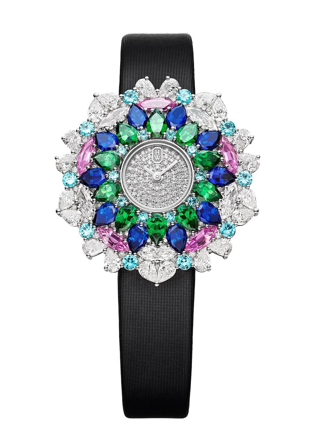 海瑞溫斯頓萬花筒Kaleidoscope頂級珠寶表，鑽石、帕拉伊巴碧璽等，618萬元。（Harry Winston提供）