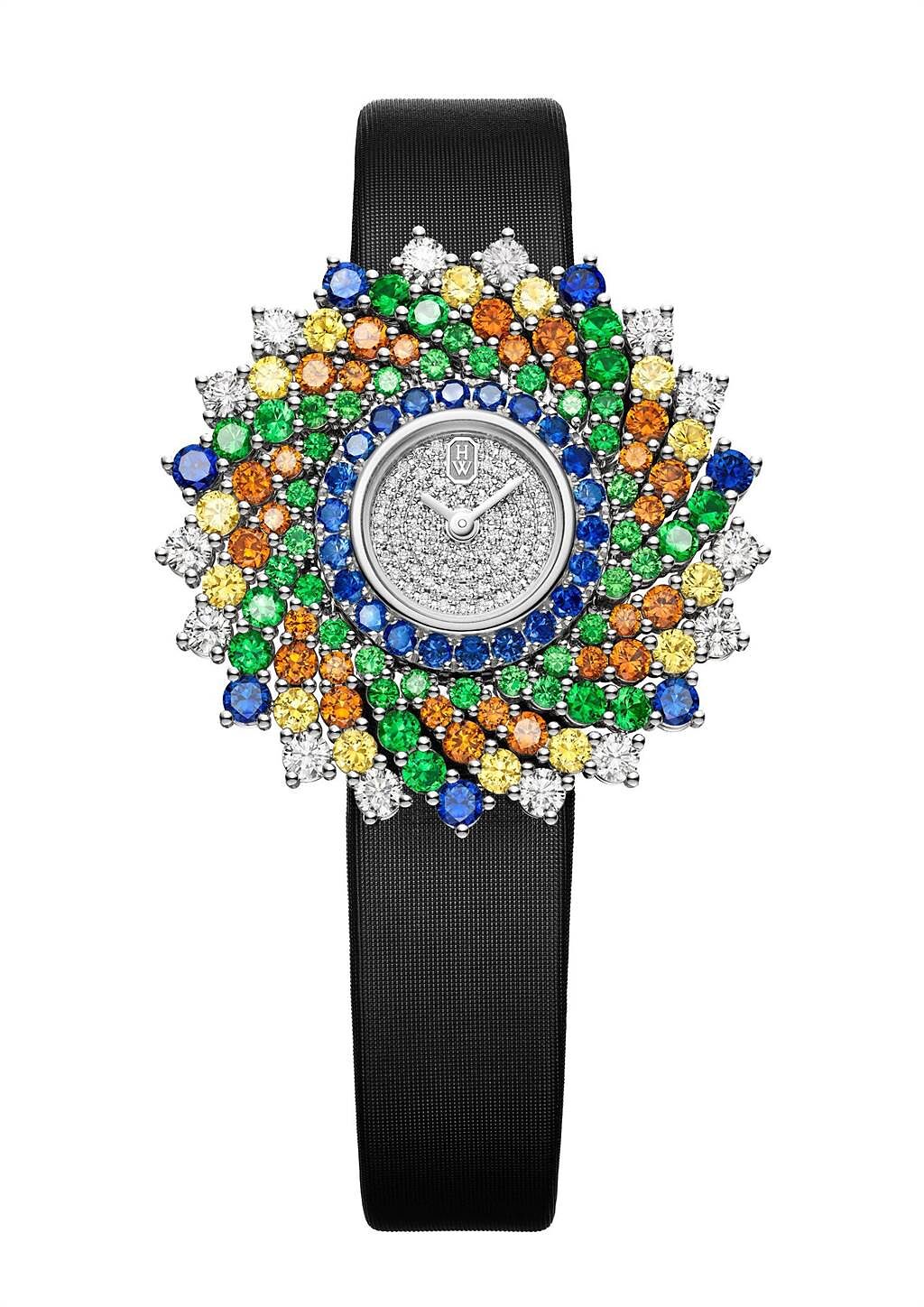 海瑞溫斯頓萬花筒Kaleidoscope頂級珠寶表，鑽石、沙弗萊石、藍寶石等，412萬元。（Harry Winston提供）