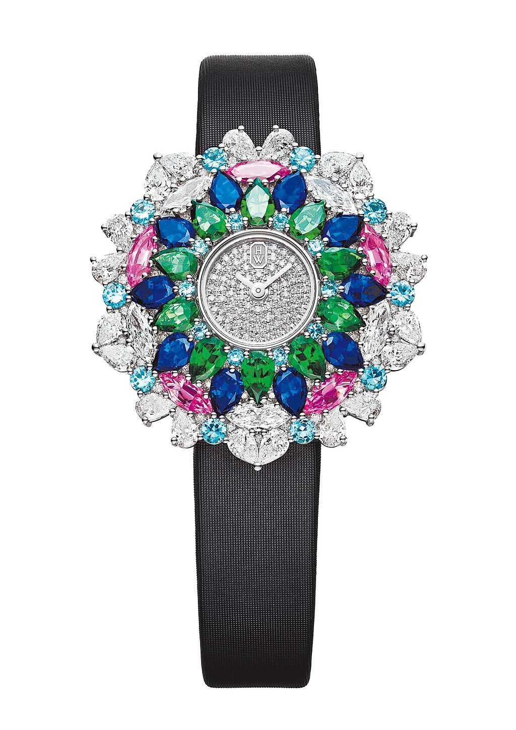 海瑞溫斯頓萬花筒Kaleidoscope頂級珠寶表，鑽石、帕拉伊巴碧璽等，618萬元。（海瑞溫斯頓提供）