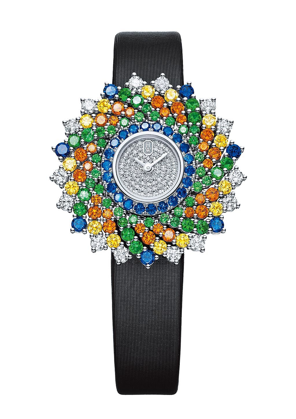 海瑞溫斯頓萬花筒Kaleidoscope頂級珠寶表，鑽石、沙弗萊石、藍寶石等，412萬元。（海瑞溫斯頓提供）