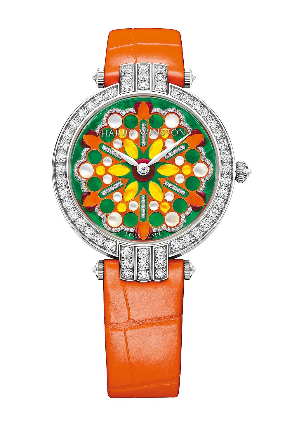 海瑞溫斯頓卓時Premier系列Kaleidoscope腕表，橘色表帶款，137萬元。（海瑞溫斯頓提供）