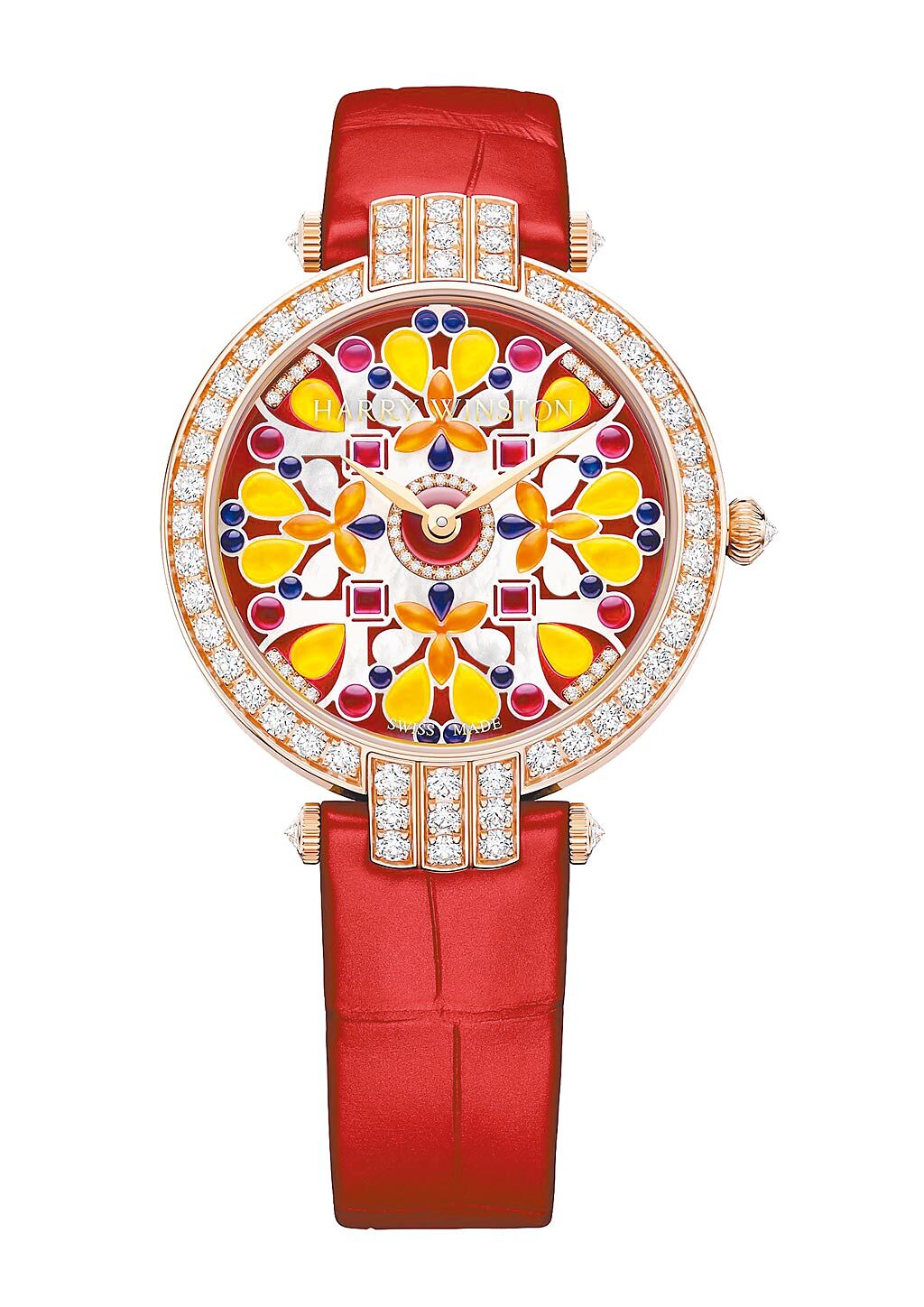 海瑞溫斯頓卓時Premier系列Kaleidoscope腕表，紅色表鱷魚皮表帶款，133萬元。（海瑞溫斯頓提供）