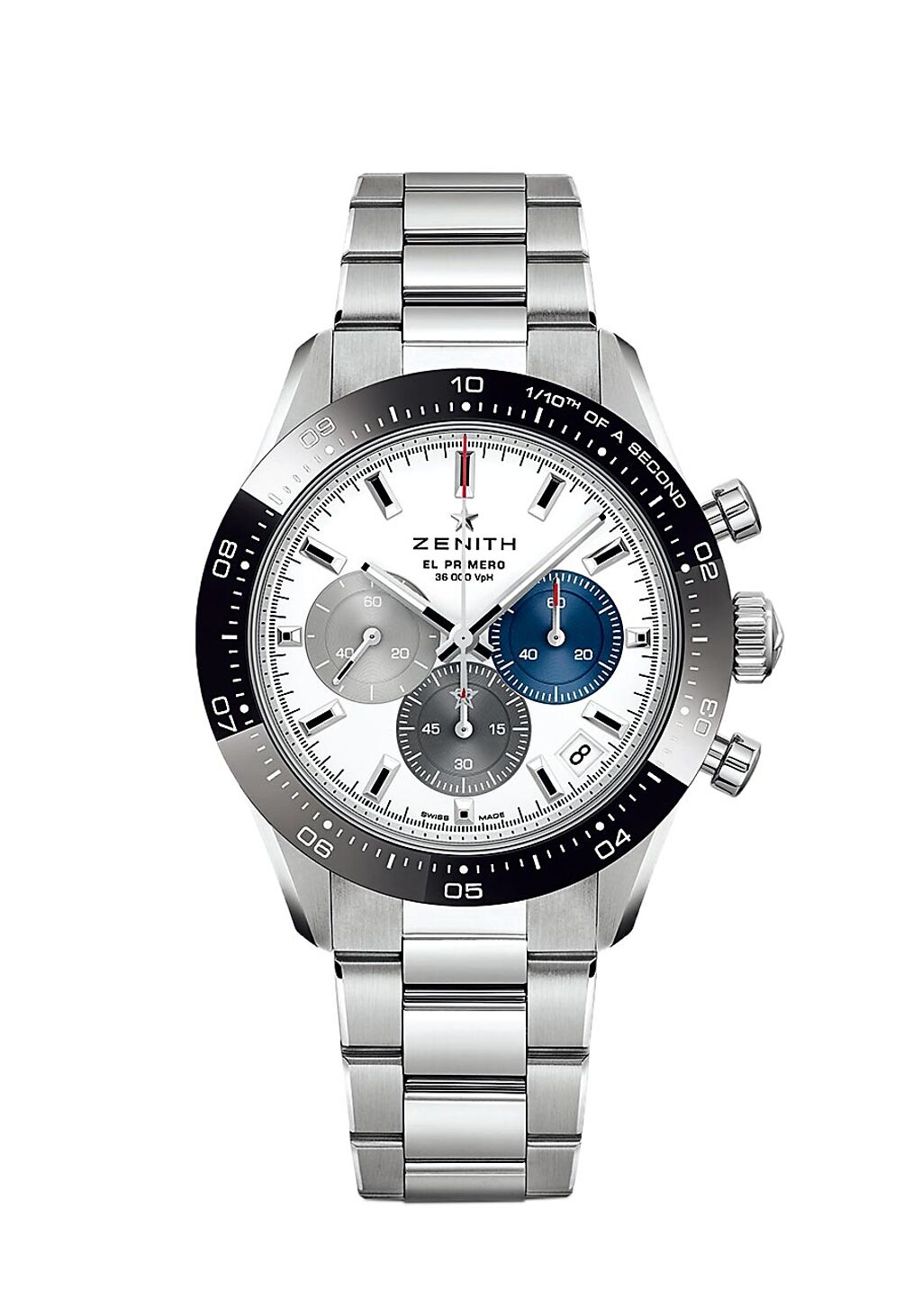周厚安佩戴ZENITH CHRONOMASTER SPORT系列運動計時腕表，白面金屬鍊帶款，31萬8100元。（ZENITH提供）