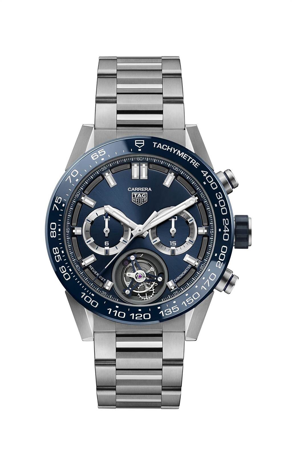 泰格豪雅陀飛輪腕表以高CP值著稱，Carrera限量藍色陀飛輪腕表，68萬9900元 。（TAG Heuer提供）