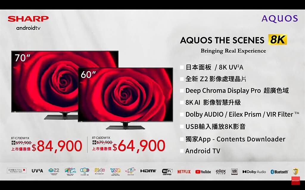 SHARP全新「AQUOS THE SCENES 8K 第三代8K顯示器」，60吋定價7萬9900元，上市優惠價6萬4900元；70吋定價9萬9900元，上市優惠價8萬4900元。（翻攝直播畫面）