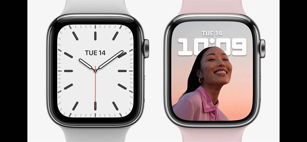 全新的Apple Watch Series 7比上一代邊框窄了40%，螢幕也大了20%。（翻攝直播畫面）