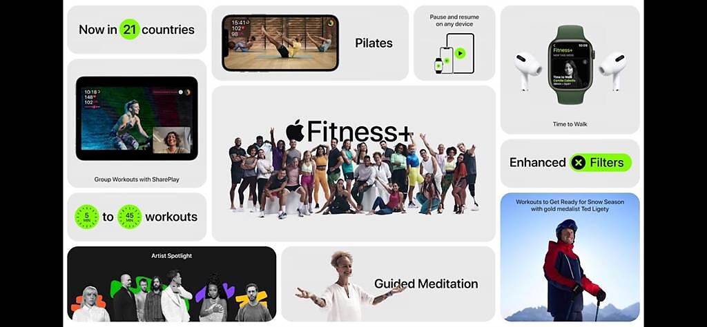 Apple Fitness+今年將提升到共21國可以使用該服務，不過目前台灣仍未上架該服務。（翻攝直播畫面）