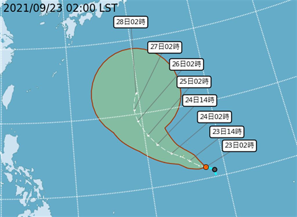 關島附近的熱帶低壓，最快明天發展成第15號颱風「電母」，距離鵝鑾鼻東南東方約3070公里，向西北移動，對台灣無直接影響。(翻攝自氣象局)

