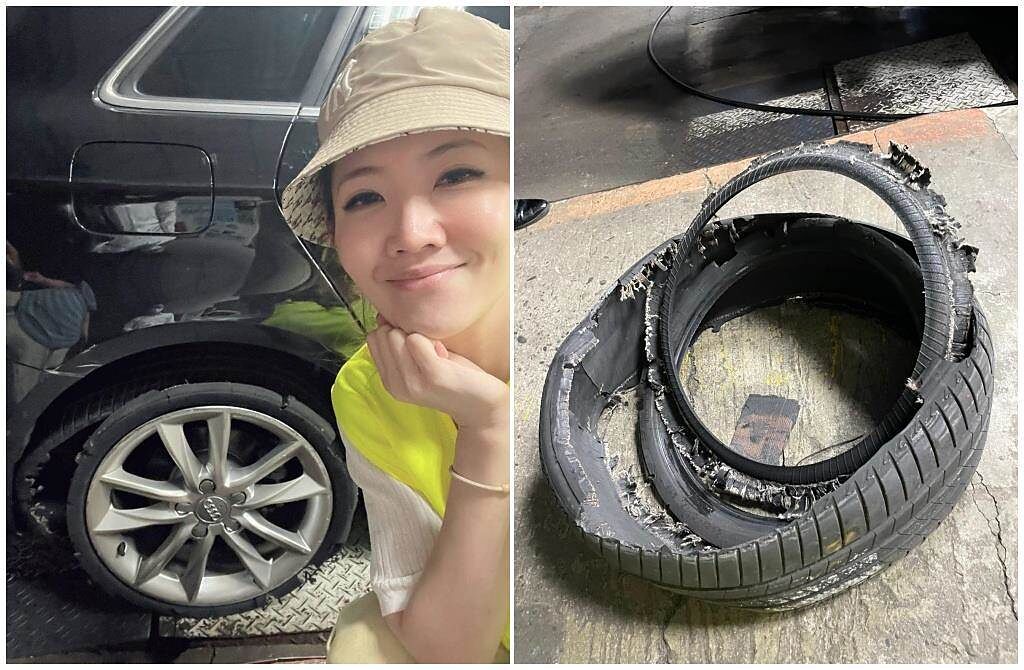 謝忻9月初在高速公路發生爆胎的意外。（摘自臉書）