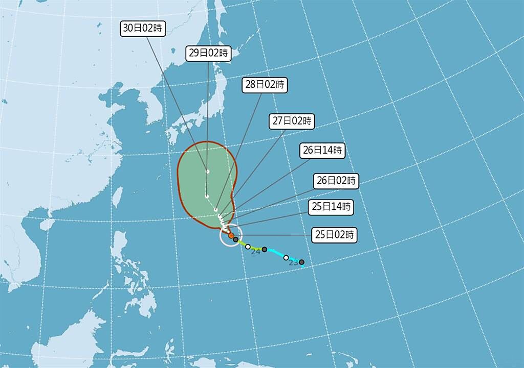 蒲公英將發展為強颱，預估將轉彎北上往日本去。（中央氣象局提供）