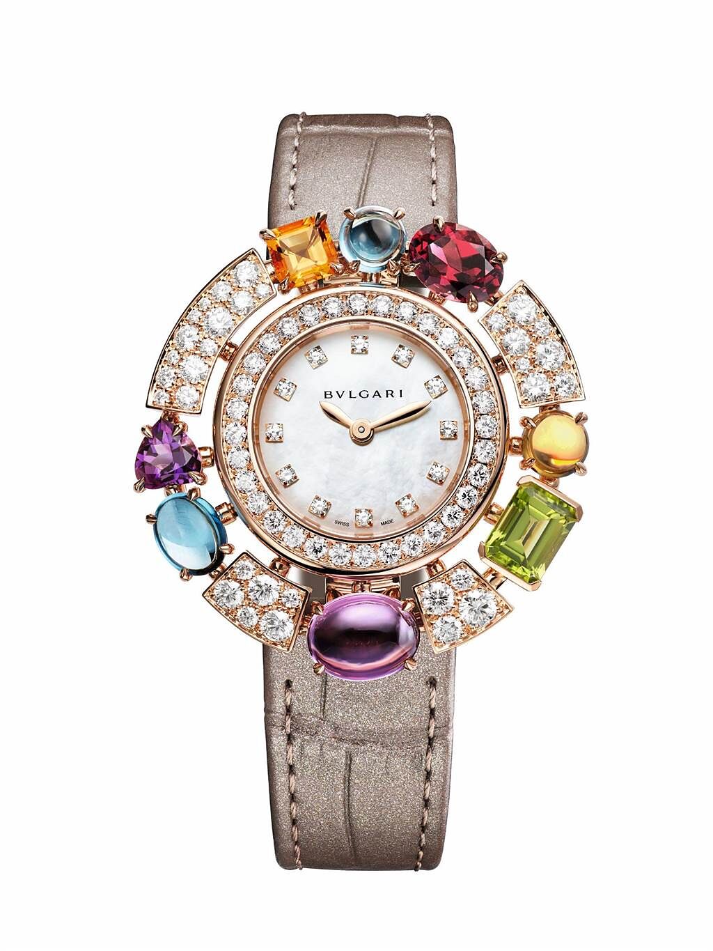 寶格麗ALLEGRA系列玫瑰金彩寶腕表，89萬6000元。（BVLGARI提供）