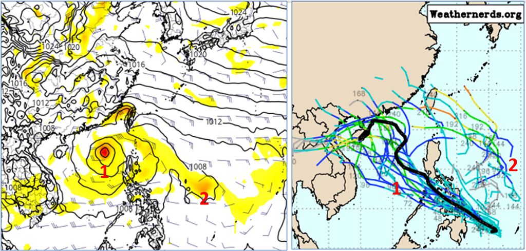 最新歐洲(ECMWF)模式模擬，周六(9日)20時預測圖(左圖)顯示，南海(1號)及菲律賓東方海面(2號)皆有熱帶擾動活動的跡象。歐洲系集模式50次未來10天的模擬路徑(右圖)顯示，熱帶擾動穿過菲律賓、進入南海，與台灣相對距離近或遠，有很大差距。 (圖擷自tropical tidbits & Weathernerds)

