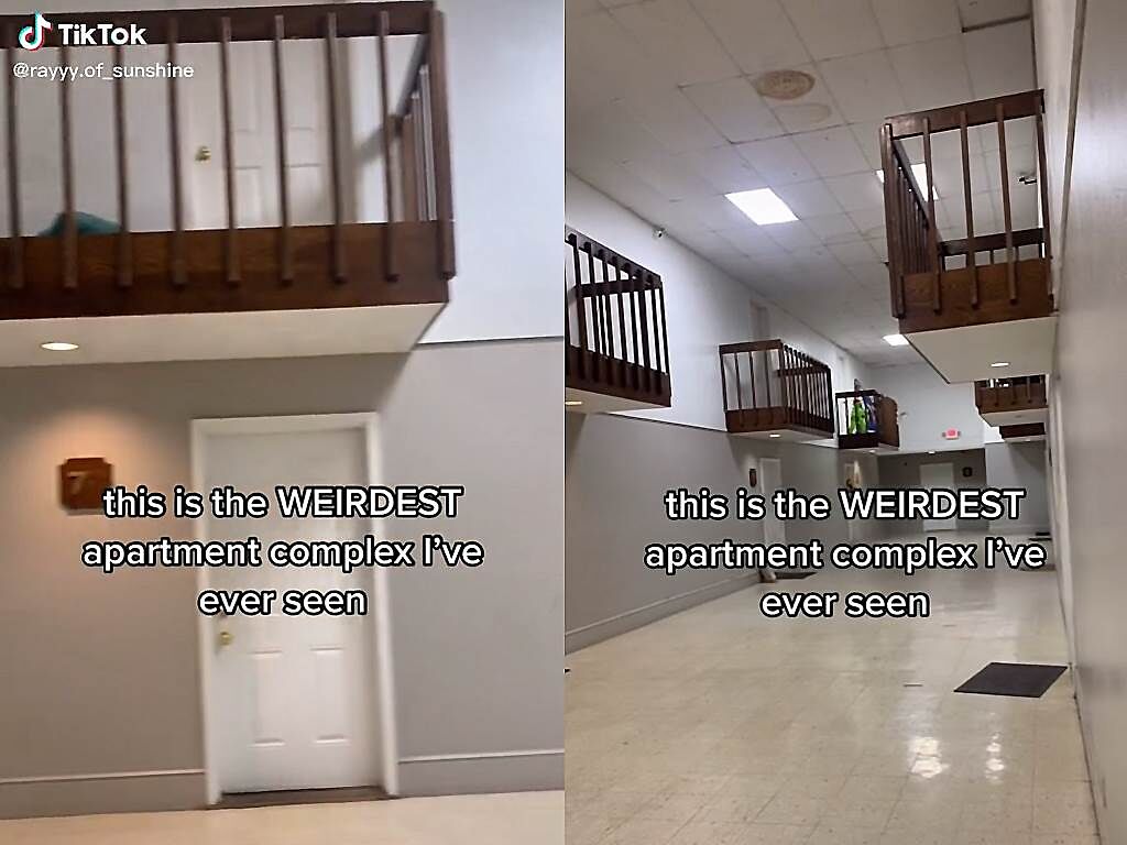 美國一名醫學院學生分享了詭異的「室內陽台」設計，讓網友全看傻了。（圖片翻攝自抖音／@rayyy.of_sunshine）